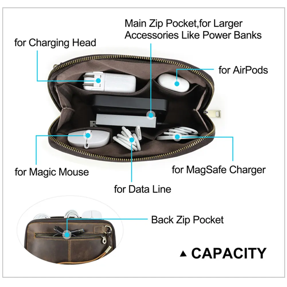 Retro Genuine Leather Handmade Electronic Storage Large Capacity Portable Organizer USB Gadget Wires Container Travel Bag