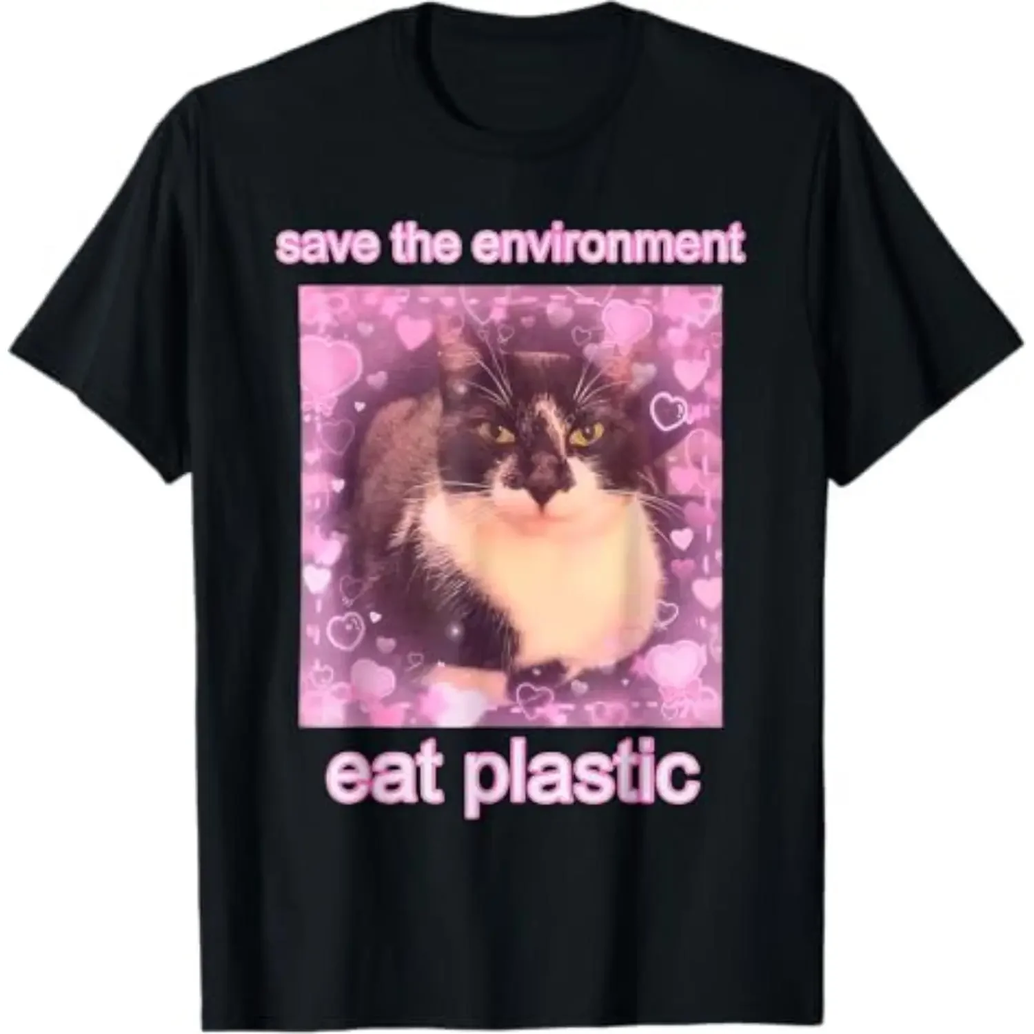 Comfort Halloween Short Sleeve T- Shirt Save The Environment Eat Plastic Funny Cute Cat Meme T-Shirt