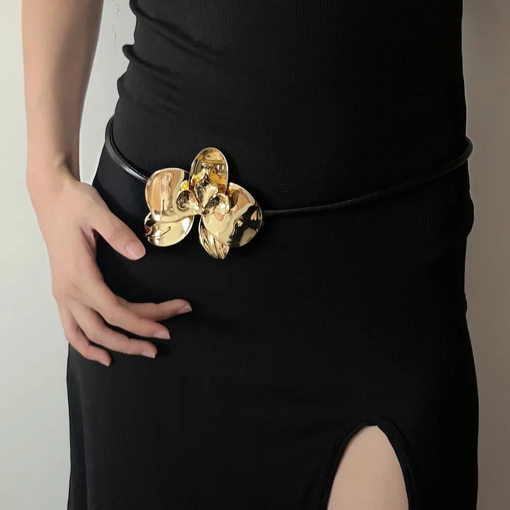 

Golden Tulip Flower Leather Cord Waist Chain Belt for Women Vintage Premium Style Unique Design Dress Accessory