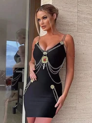 High Quality Black Color Women Sexy V-Neck Bodycon Mini Dress Rayon Bandage Fashion Sequined Celebrity Birthday Party Outfit