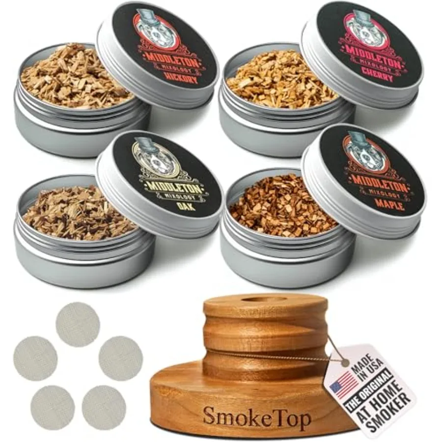 

Cocktail Smoker Kit with 4 Flavors Wood Chips - Cocktail Smoker Kit & Chips for Old Fashioned Cocktails, Whiskey, & Bourbon (Che