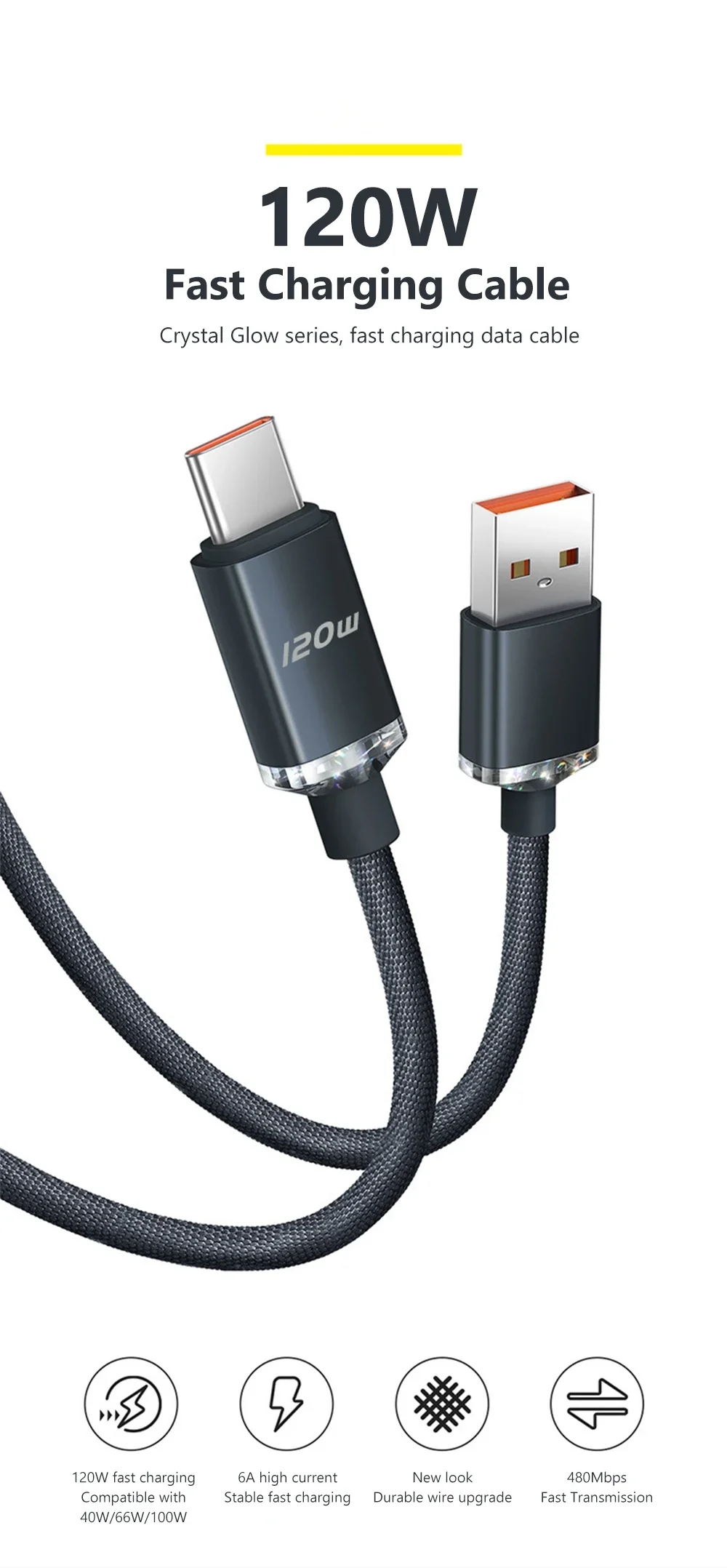 120W USB-auf-Typ-C-Ladekabel, QC3.0 USB PD, schnelles Ladekabel für Mobiltelefone, Datenübertragungskabel für Samsung, Xiaomi, Huawei – Detail 1