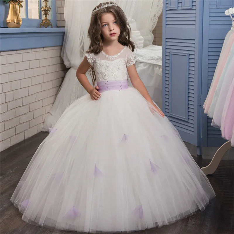 Applique Flower Girl Dress For Wedding Lace White Floor Length With Bow Kids Birthday Ball Gowns First Communion Dress