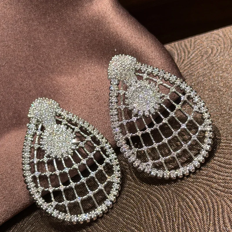 Sparkling Hollow Grid Teardrop Dangle Earrings Inlaid Cubic Zirconia Fashion Daily Ear Accessory