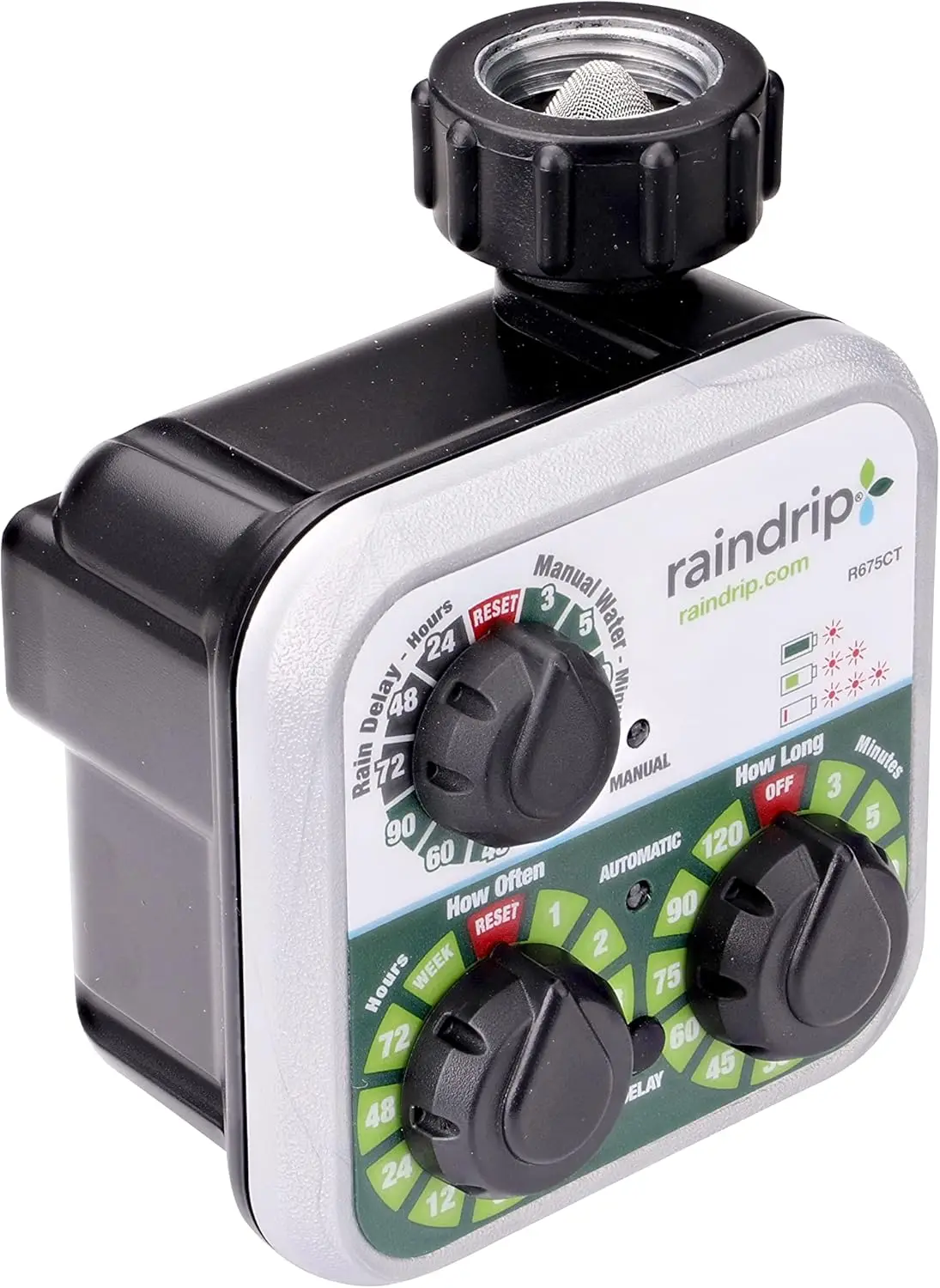 

R675CT Analog 3-Dial Water, Sprinkler Timer with Rain Delay for Drip Irrigation, Garden, Self-Watering