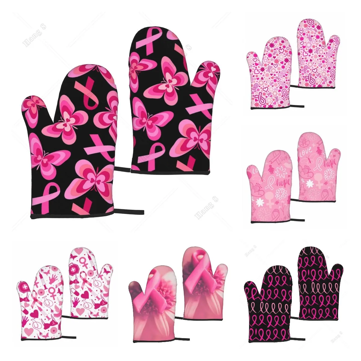 Butterfly Pink Bow Microwave Gloves Oven Mitts 2pc for Women Bbq Items Cooking Grilling Baking One Size Caring for Breast Cancer