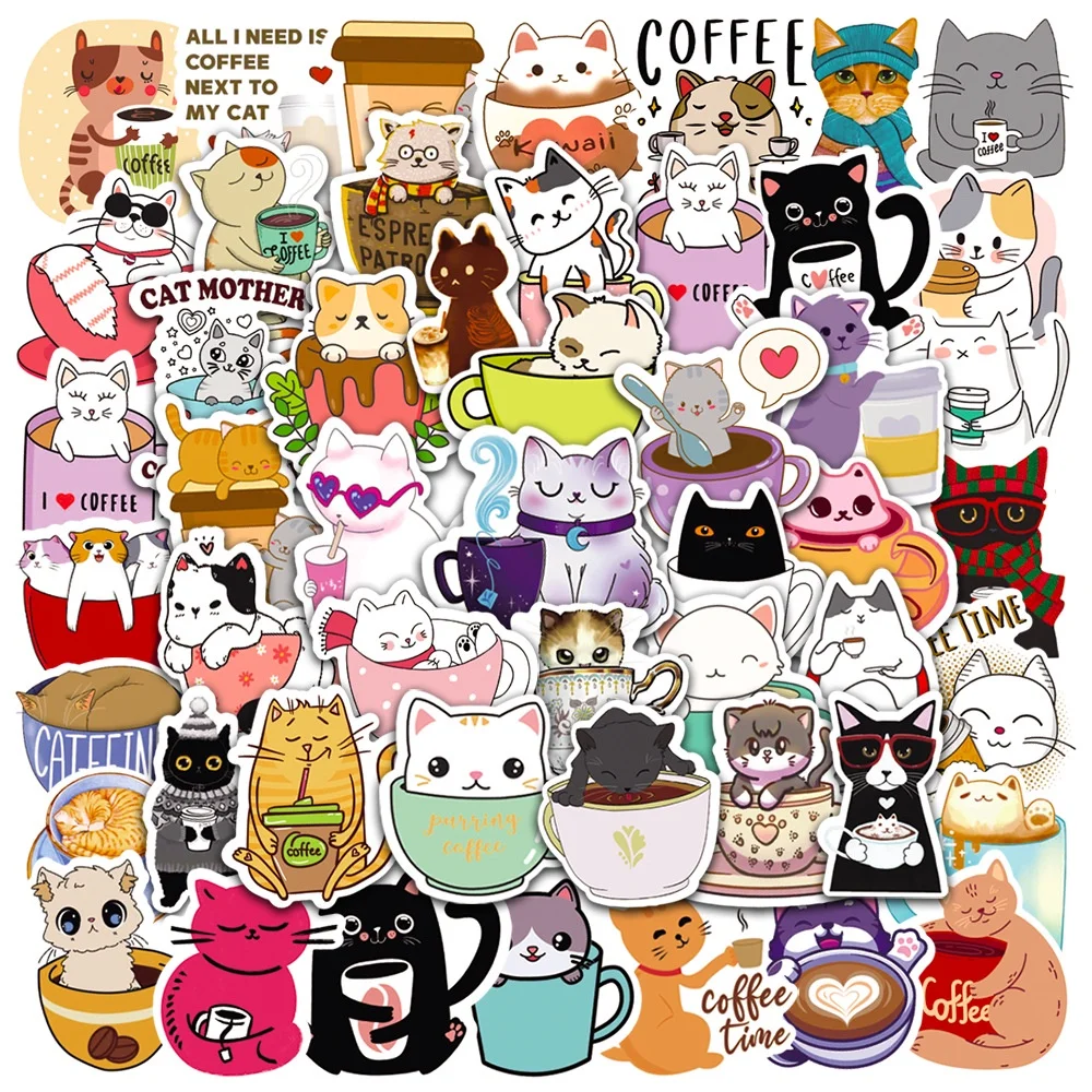50 Buah/Set Stiker Tahan Air Kucing & Kopi untuk Stiker Helm Ponsel Toko BulingBulingStickers