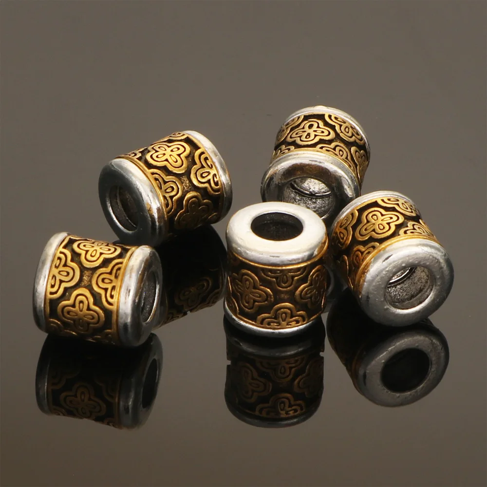 5Pcs 10x11MM Antique Design Golden Silver Plated Cast Metal Striped Tube Spacers Charms Beads For Diy Jewelry Making Accessories