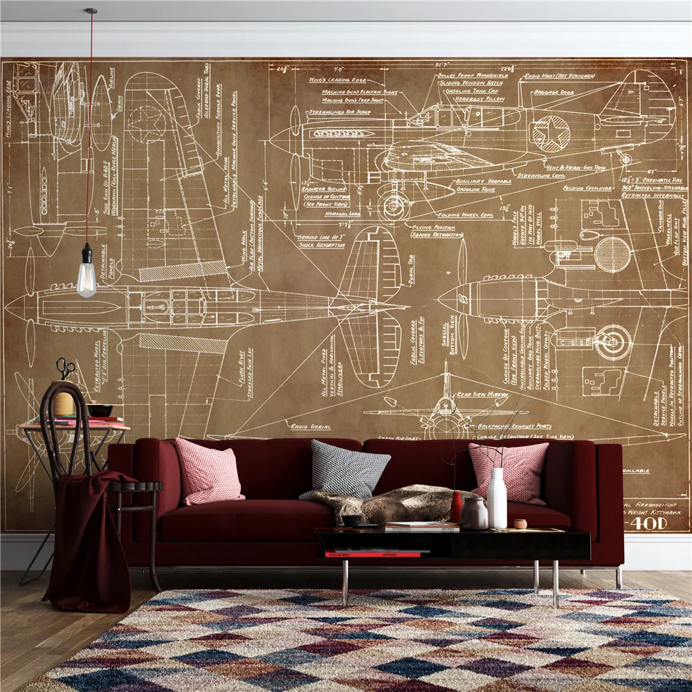 

Xuesu Customized wallpaper with waterproof thickened material, creative airplane blueprint mural