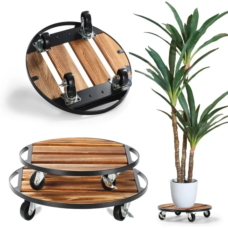 

2 Pack Plant Caddy with Wheels,14" + 12" Rolling Plant Stand 264 LB Heavy Duty, Iron and Wood Round Plant Dolly