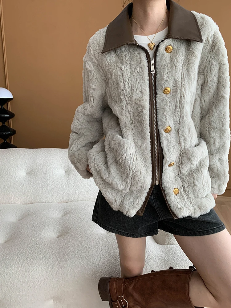 [EAM] Gray Leather Collar Big Size Faux Fur Jacket New Lapel Long Sleeve Women Coat Fashion Tide Autumn Winter 2024 1DH6744