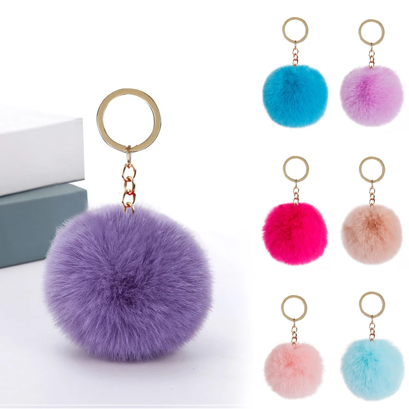 Fluffy Keyrings Soft Plush Charm Buckle Faux Colorful Rabbit Pompom Keychain Ball for Women and Girls Bag Pendant Jewelry