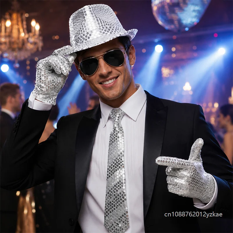 Men 70s Disco Costume Set Sequin Hat Sunglasses Bow Tie Necktie Gloves Halloween Party Cosplay Stage Performance Accessories 3