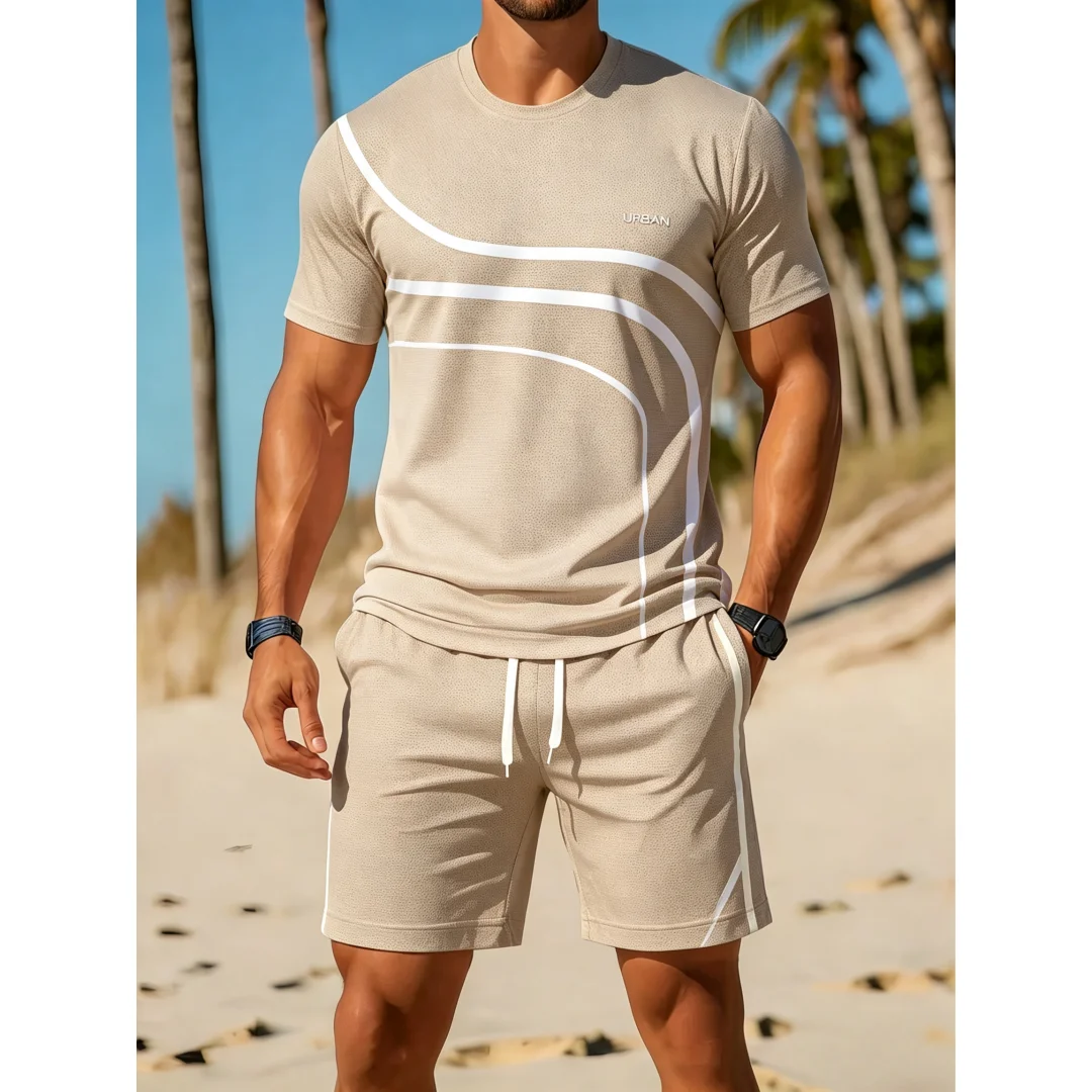 여름 남성 캐주얼 트렌디 곡선 그래픽 프린트 투피스 세 - Outdoor Sport Outfit 리뷰 및 가격