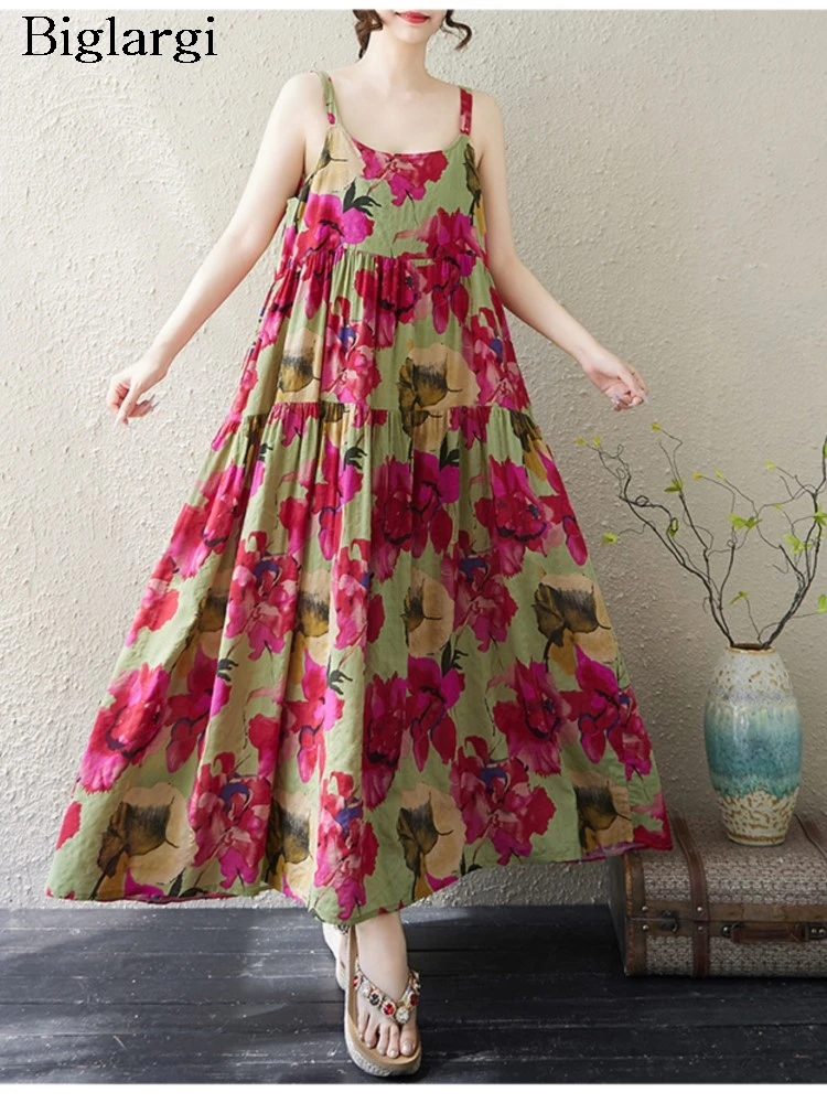 

Oversized Summer Slip Sleeveless Dress Women Flower Floral Print Fashion Ladies Dresses Casual Loose Ruffle Pleated Woman Dress