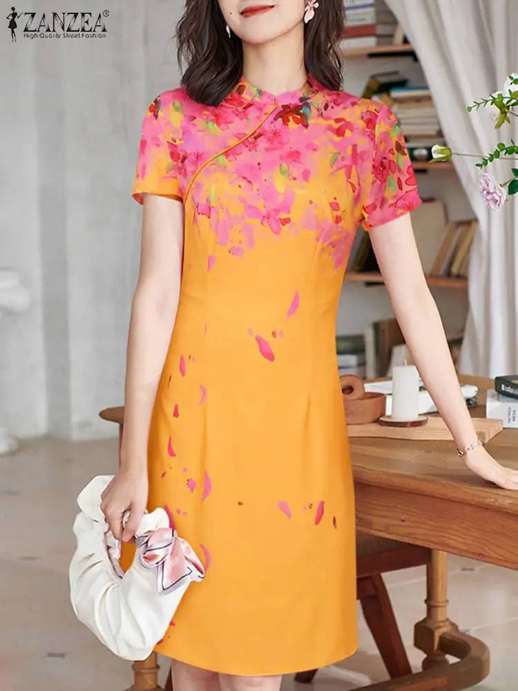 

Stylish Cheongsam Dress Summer Elegant Floral Party Vestidos ZANZEA Women Short Sleeve Print Knee-length Sundress Oversize 2024