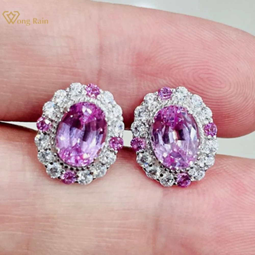 

Wong Rain Romantic 100% 925 Sterling Silver 6*8MM Oval Lab Sapphire High Carbon Diamond Gemstone Ear Studs Earrings Fine Jewelry