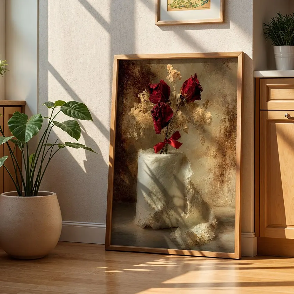 Oil Painting Style Vintage Dried Red Rose Still Life Canvas Wall Decor Picture, 2D Printed Poster Wall Art, Nostalgic Home Decor