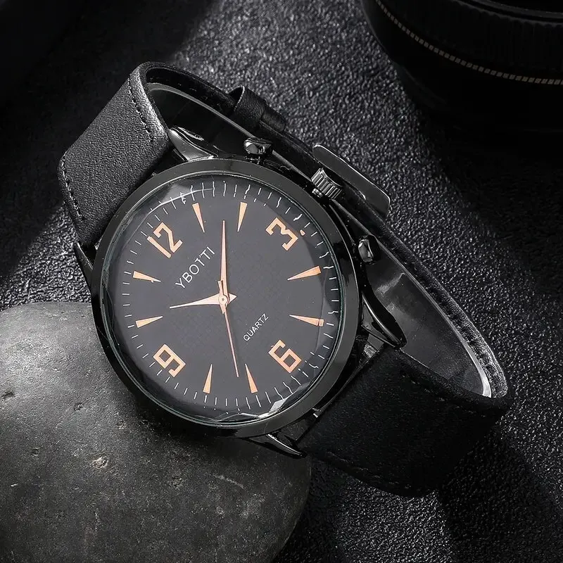 4pcs Set Fashion Mens Sports Watches Man Business Quartz Wristwatch Luxury Black Leather Bracelet Men Casual Clock Watch