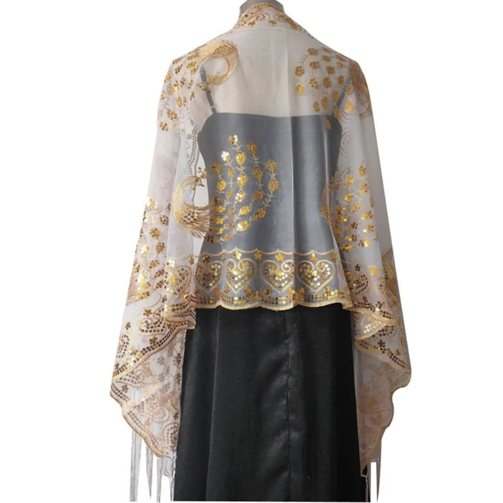 Elegante chal de boda con lentejuelas de moda, encaje floral bordado hueco, chal de encaje transpirable de tul, pañuelo para la cabeza de novia