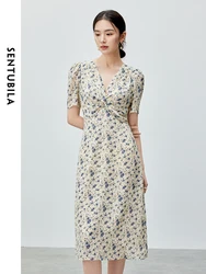 SENTUBILA Floral V Neck Woman Chiffon Dress 2024 Summer Fashion Elegant Printed Pullover Short Sleeve Midi Dresses 142L54955