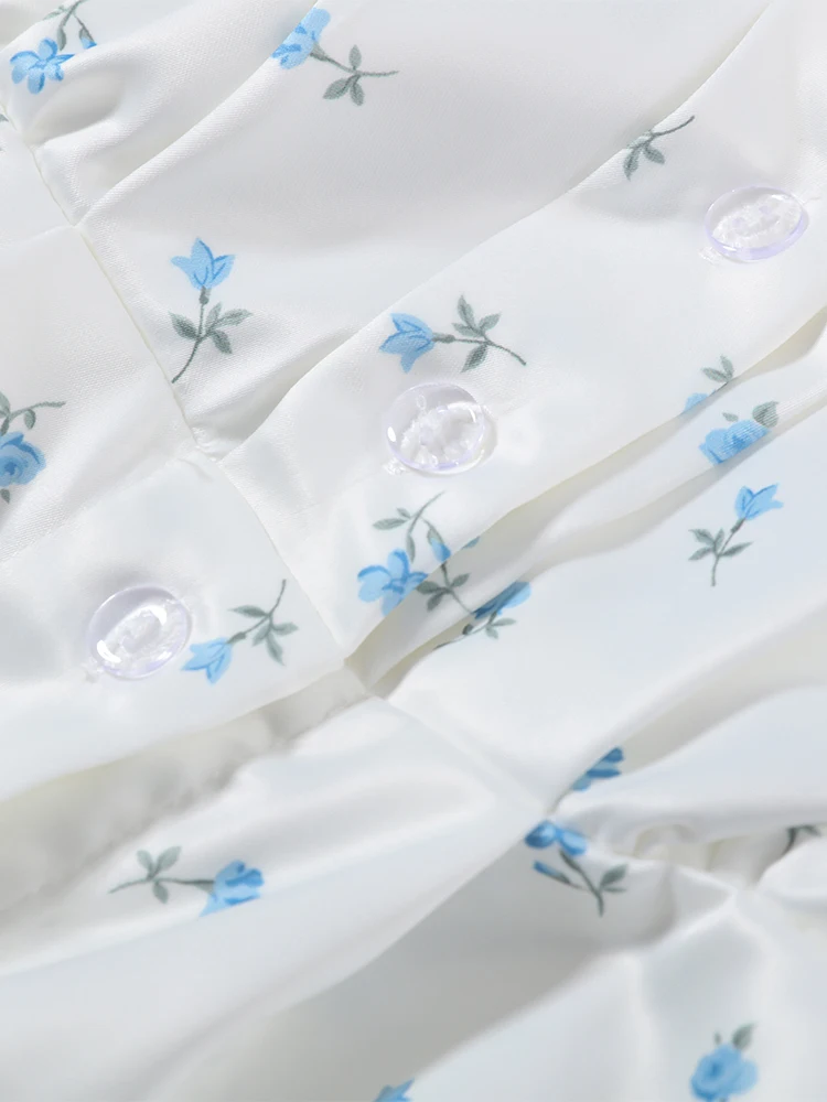 Bedrucktes Minikleid mit tiefem V-Ausschnitt, langen Ärmeln und Taillenband – Sexy Damenkleid mit Puffärmeln und Schleifen – Schicke Damenroben – Detail 3