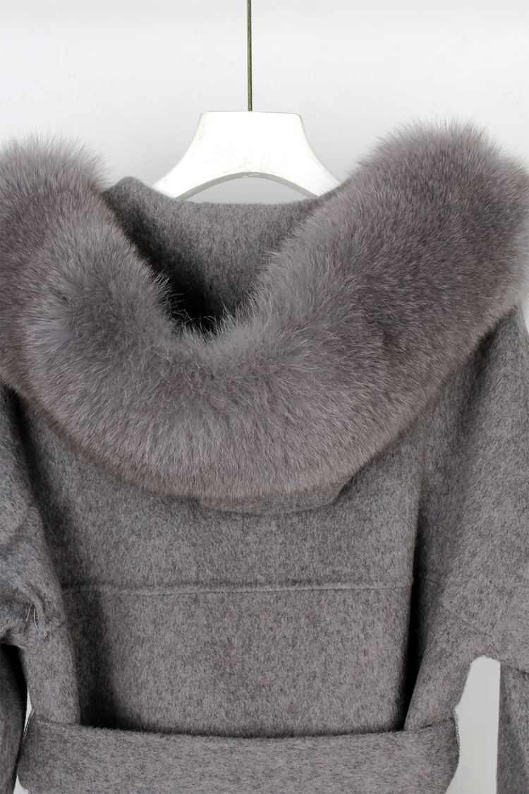 Furshehe Autumn Winter Women Wool Coat with Real Fox Fur Collar Cuff Fashion Belted Cashmere Coats Warm Hooded Trench Overcoat