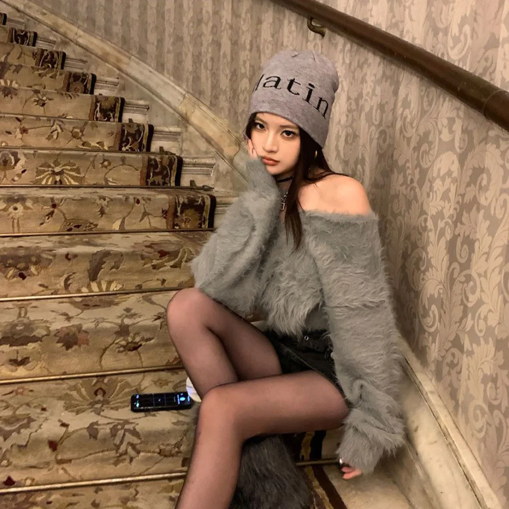 2024 Grey Halter Neck Loose Sweater Women Short Off Shoulder Imitation Mink Fur Tops Ladies Spring Autumn Soft Sexy Pullovers