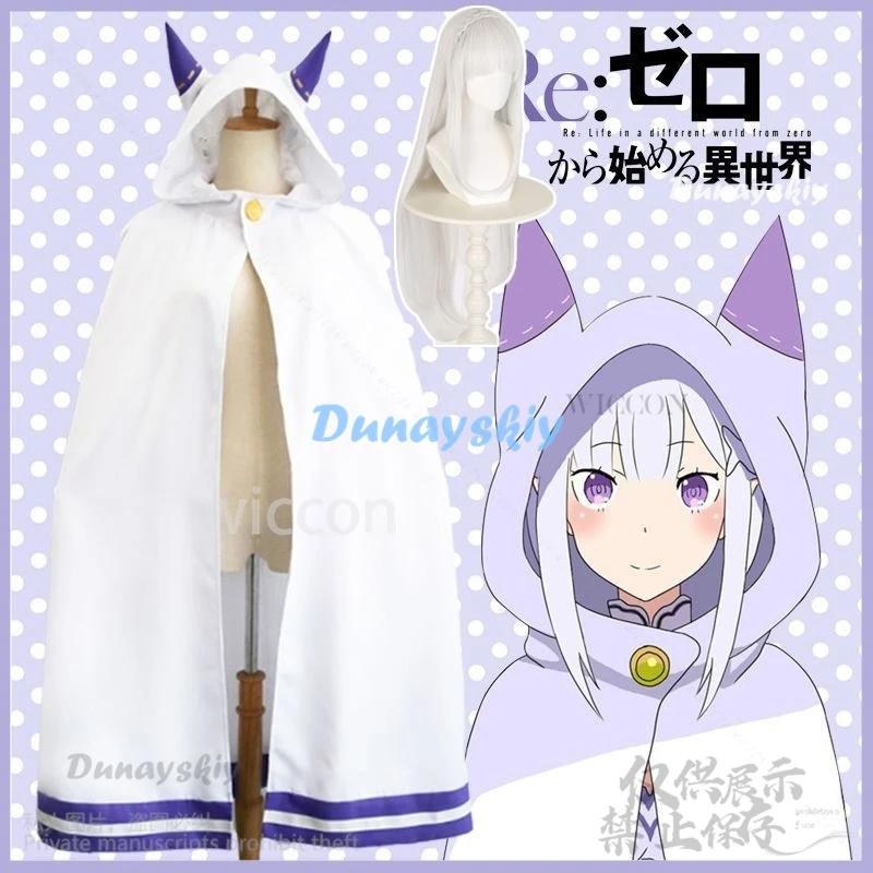 

Anime Re Zero Cosplay Emilia Costume Cloak Long Wigs Uniform Halloween Christmas Party Outfits For Women Girls Cos Customized