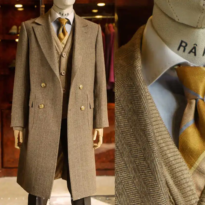 

Шерстяное пальто с узором «елочка», мужская двубортная зимняя длинная куртка по индивидуальному заказу, современная умная повседневная теплая куртка с карманами