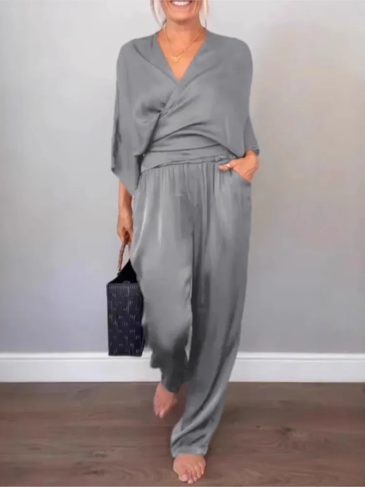 Lady Fashion Solid Set V-Neck Pullover Loose Tops And High Waist Wide Leg Pants Two Piece Sets Women Summer Casual Office Sets