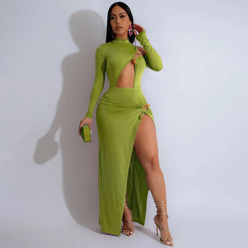 

Элегантный вечерний клубный комплект макси-платья Женский комплект из 2 предметов на день рождения с длинным рукавом и вырезом с металлическим кольцом Боди Топ + комплект с длинной юбкой с разрезом