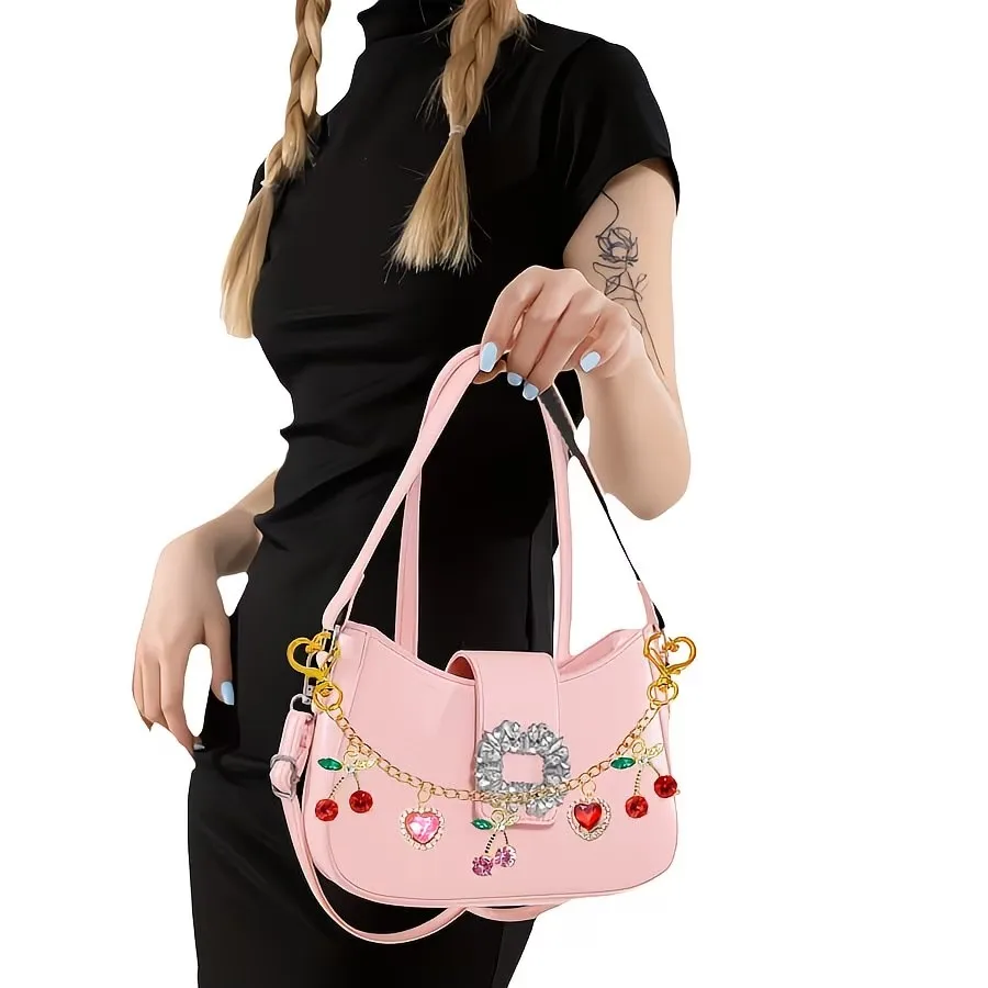 Fashion Heart Temperament Glass Stone Red Cherry Chain Jewelry Bag Hanging Jewelry Bag Charm Bag Accessories