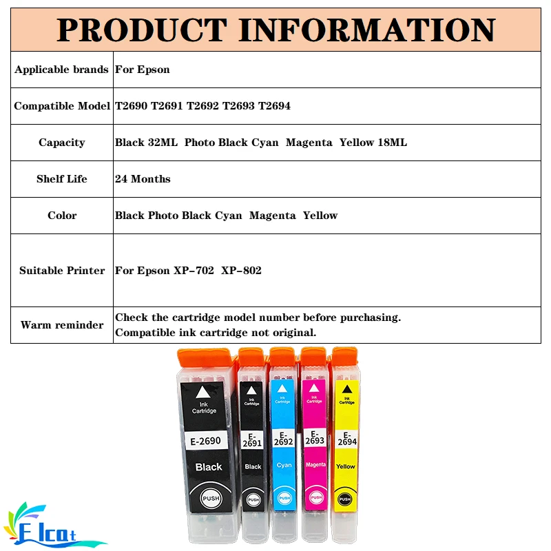 Cartucho de tinta Compatible T2690 T2691 T2692 T2693 T2694 Compatible con impresora Epson EXPRESSION PREMIUM XP-702 XP-802