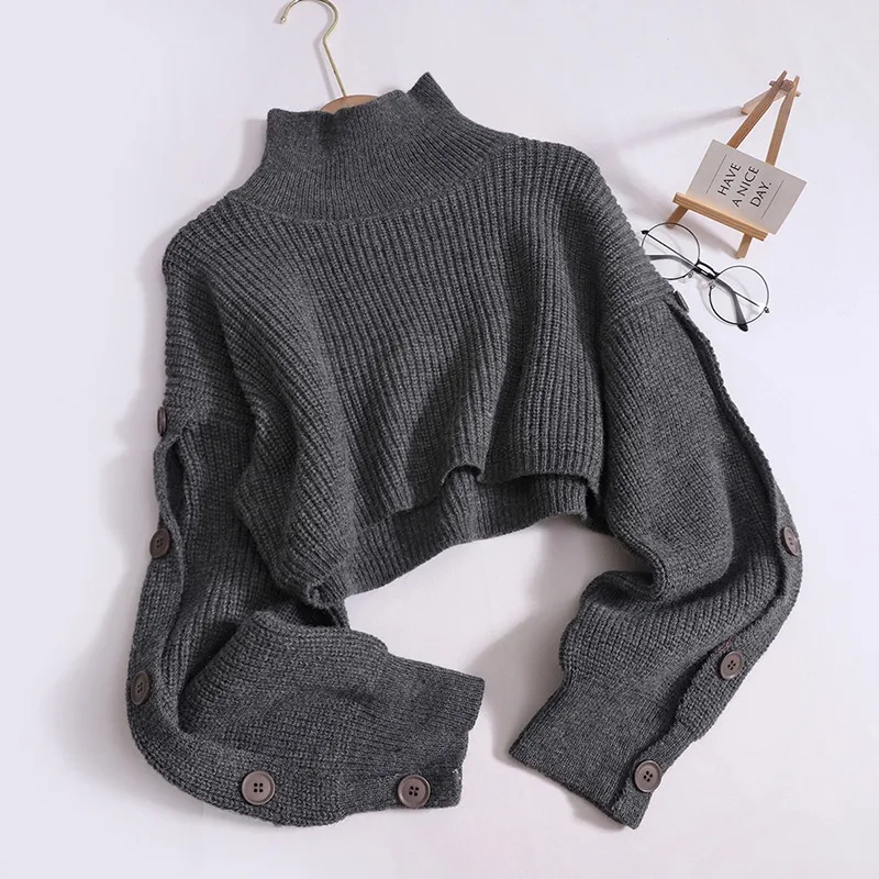 YuooMuoo Chic Fashion Cropped Sweater Tops Women Buttons Long Sleeve Ribbed Knitted Sweaters Warm Turtleneck Pullover Shawls