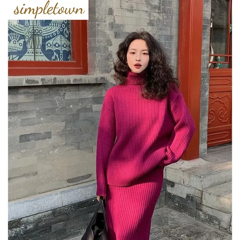 

Two Piece Set of High Neck Sweater for Women's Autumn and Winter New Style High Waist Hip Bag Half Skirt Knitted Sweater Set