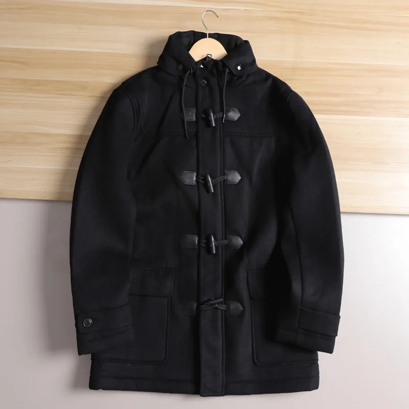 

Теплое шерстяное мужское пальто, зимнее пальто из ткани Thiened Cosite, средней длины, с капюшоном и одной пуговицей, модное городское пальто чистого цвета