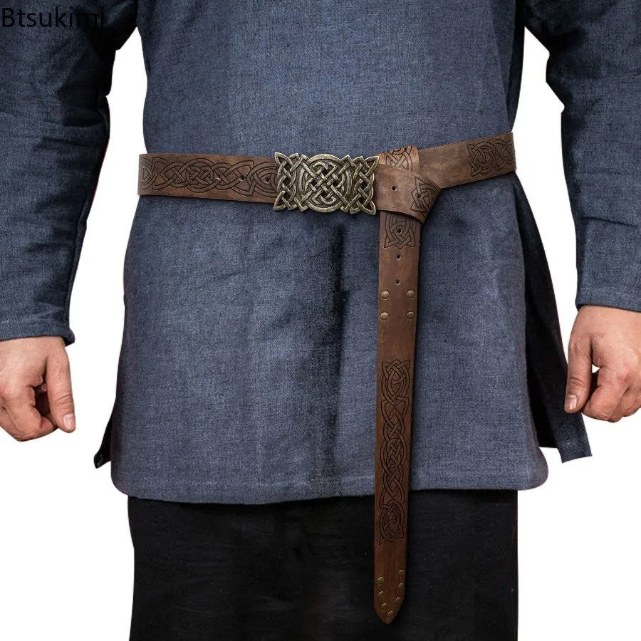 

Embossed Long Loop Leather Belt Viking Renaissance Square Buckle Belt Medieval Knight PU Waistband Cosplay Costume Accessories