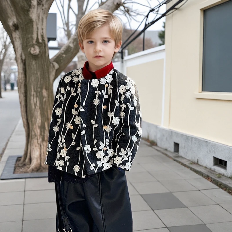 

Зимний пиджак для мальчиков, пальто на флисовой подкладке, теплая куртка с вышивкой, винтажный новогодний наряд, модная шикарная детская верхняя одежда для дня рождения