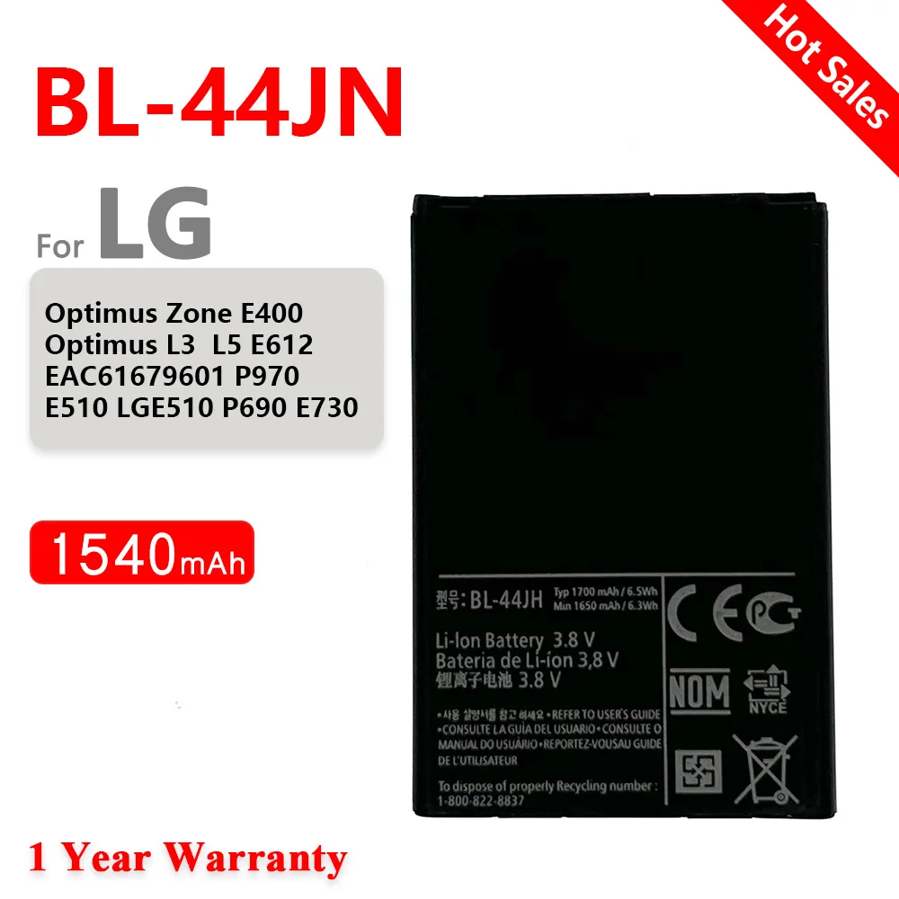 

100% Original 1540mAh BL-44JN Battery for LG Optimus Zone E400 Optimus L3 E400 L5 E612 EAC61679601 P970 E510 LGE510 P690 E730