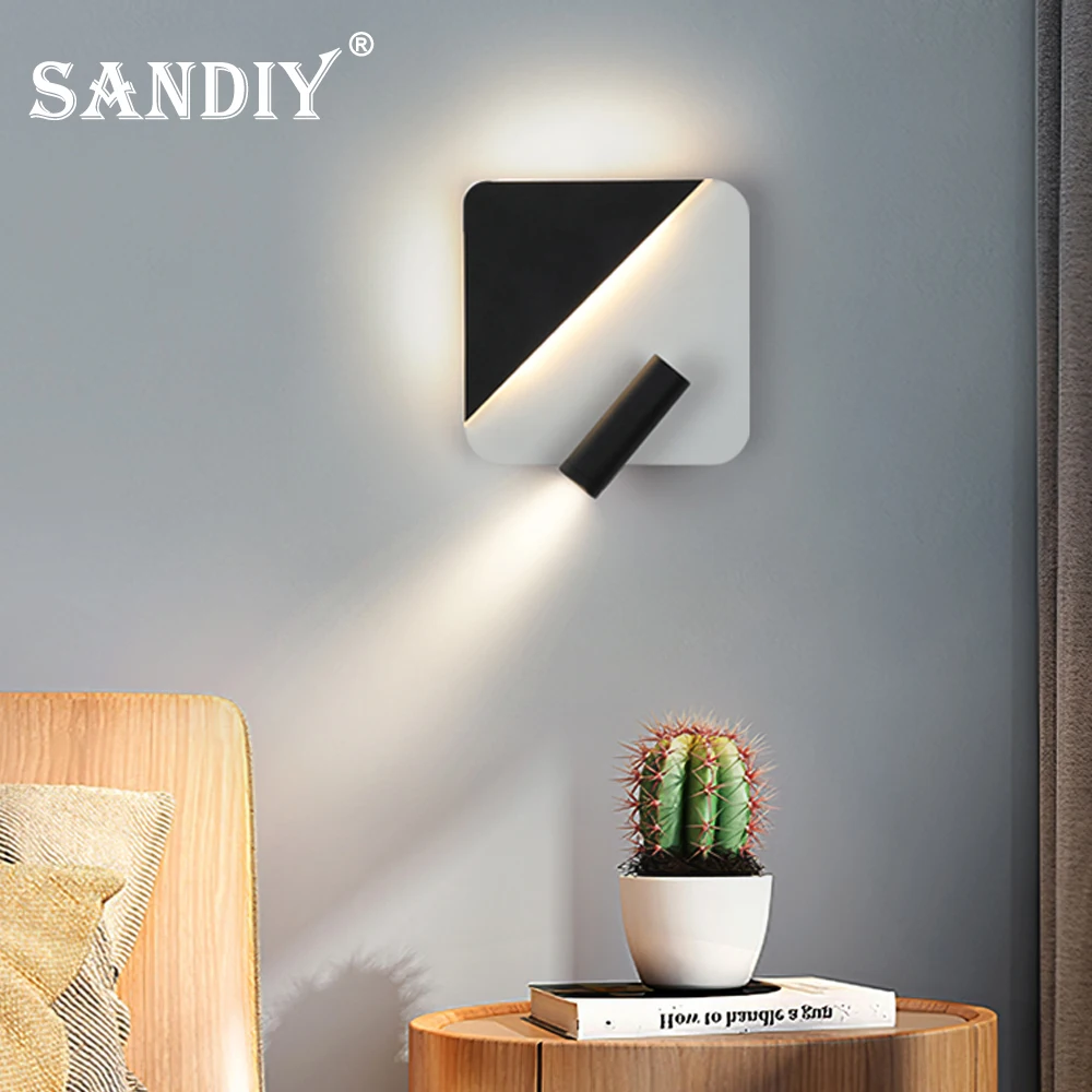 

SANDIY Led Wall Sconce 8W Bedside Lamp with Spotlight Adjustable Reading Light Black White Bedroom Luminaire Rotatable 110V-240V