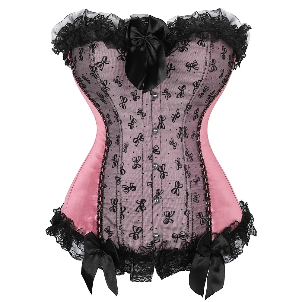 

Sexy Corset Bustier for Women Satin Overbust Corsets Top Corselet Lace Bowknot Decorated Clubwear Showgirl Body Shaper Plus Size