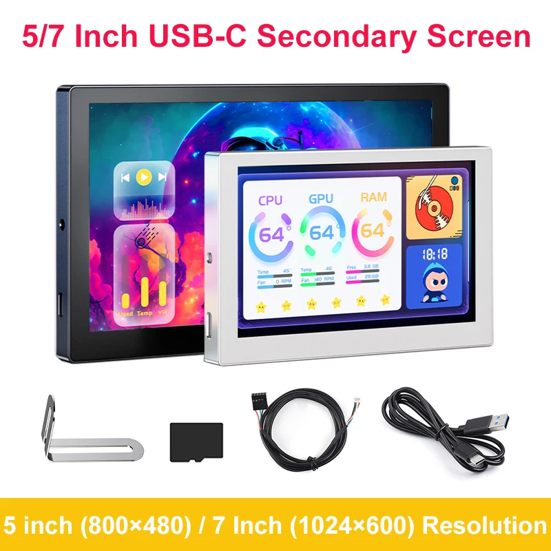 

7 / 5 Inch USB-C Secondary Screen 800x480 1024x600 IPS Display PC Computer CPU GPU HDD LCD Type-C Monitor No AIDA64