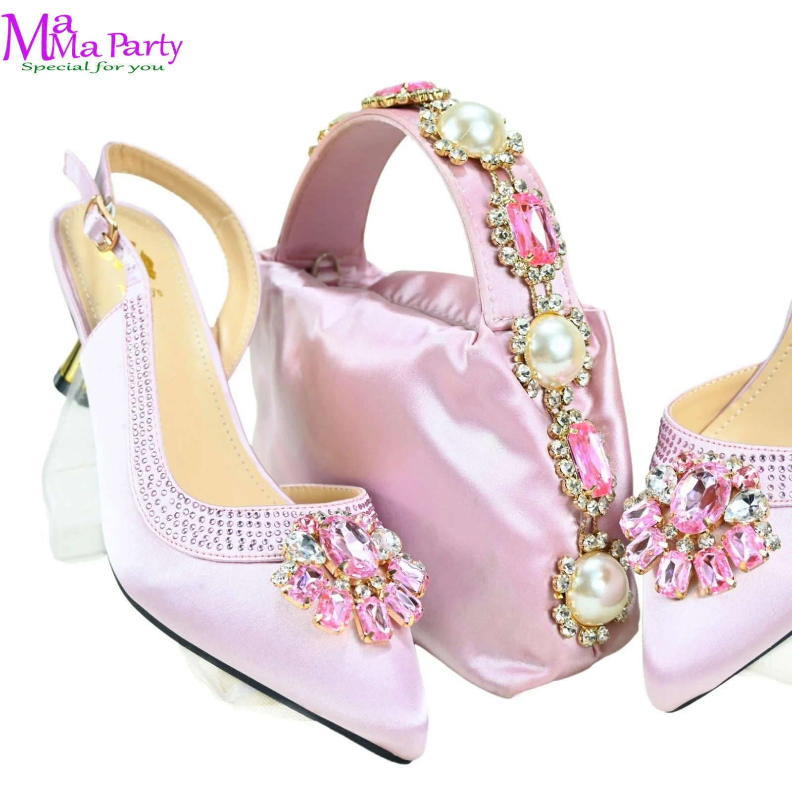 

Fashion Classics Design New Coming African Women Shoes and Bag Set in Pink Color High Quality with Crystal for Party