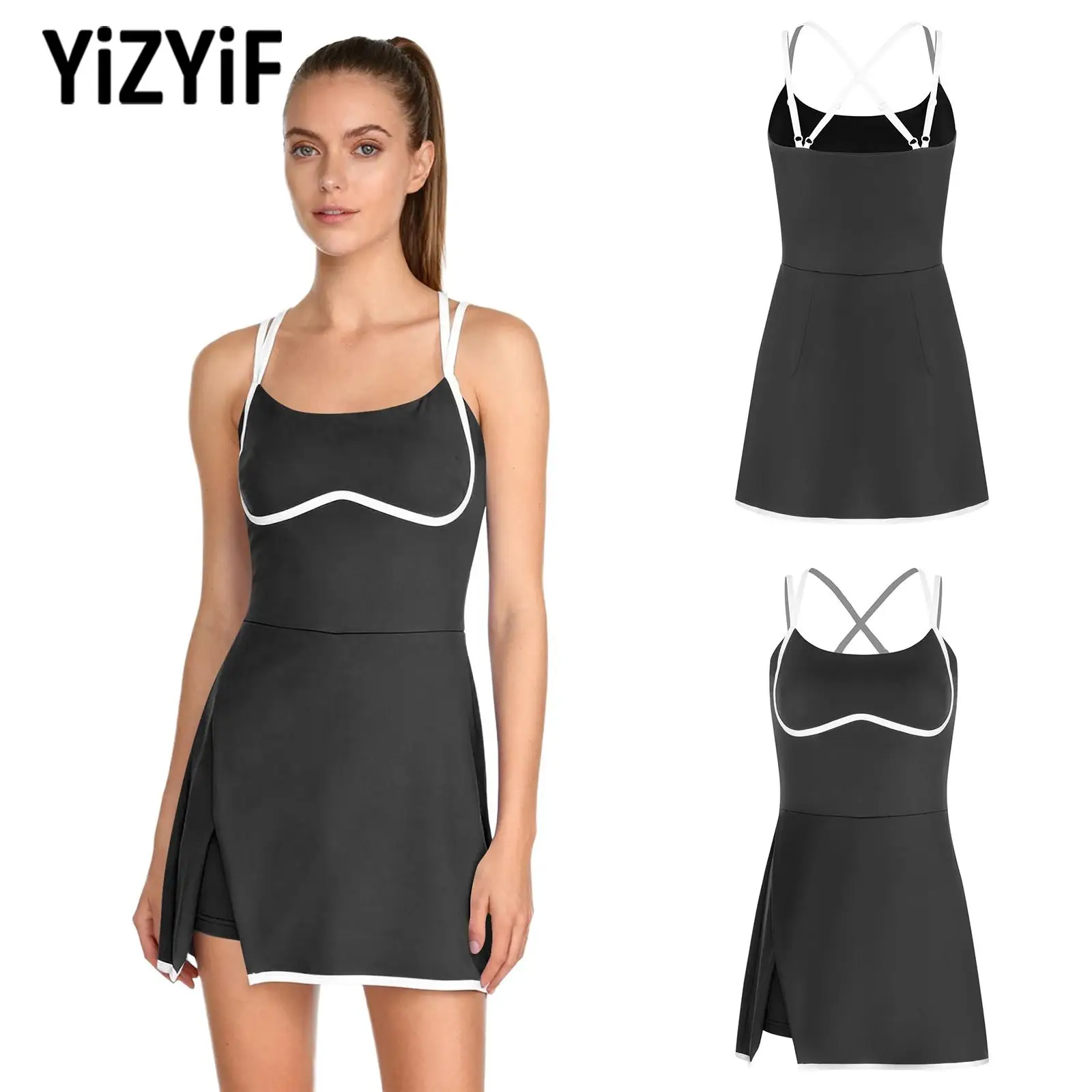 

Women Sports Dress Side Split Sleeveless Adjustable Spaghetti Straps Dress with Built-in Bra And Shorts for Workout Tennis Golf