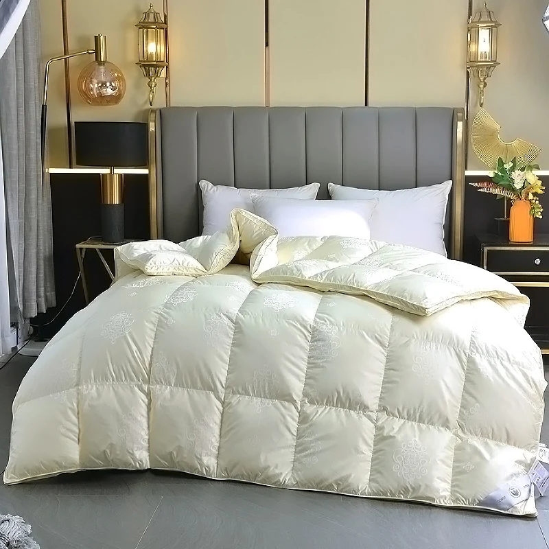 Silky Jacquard Cotton Shell , High Fluffy 95% White Goose Down Comforter, Warmth Duvet Quilt, Winter All Season Luxury Blankets