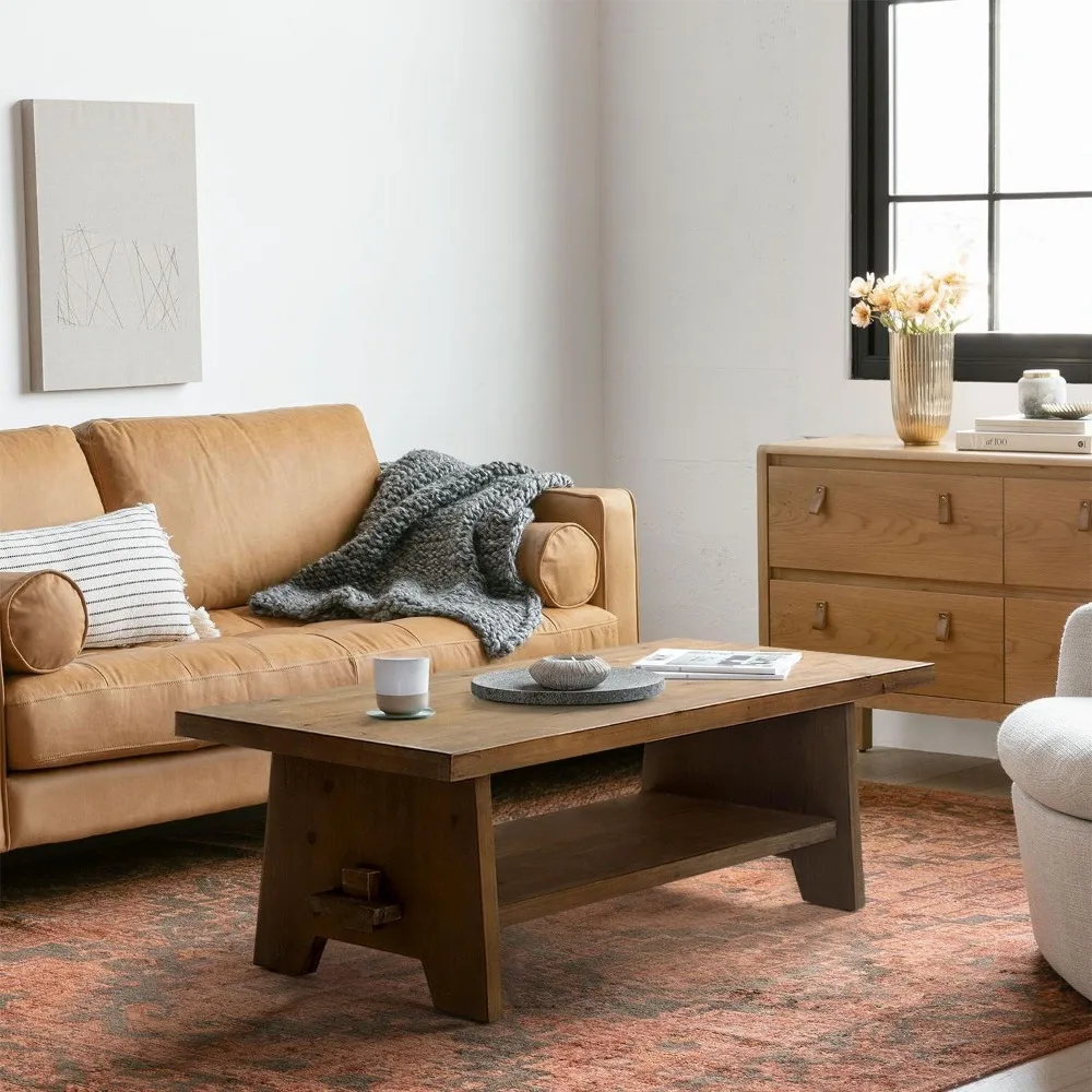 농가풍 나무 커피 테이블 - 거실용 43.4인치 미드 센추리 모던 목재 커피 테이블, 솔리드 전나무 테이블탑 직사각형 Co
