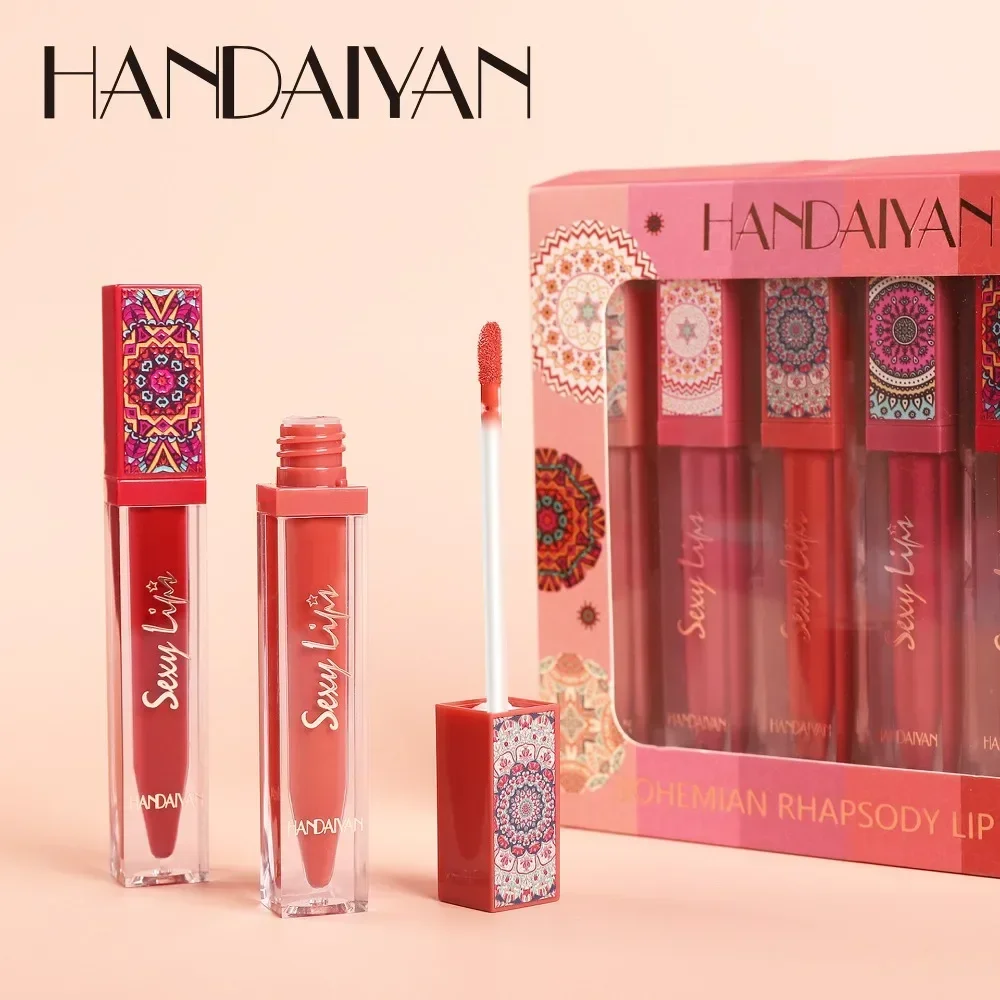 Estilo bohemio 6 unids/caja terciopelo satén brillo labio glaseado taza antiadherente niebla líquido mate lápiz labial impermeable Color duradero líquido