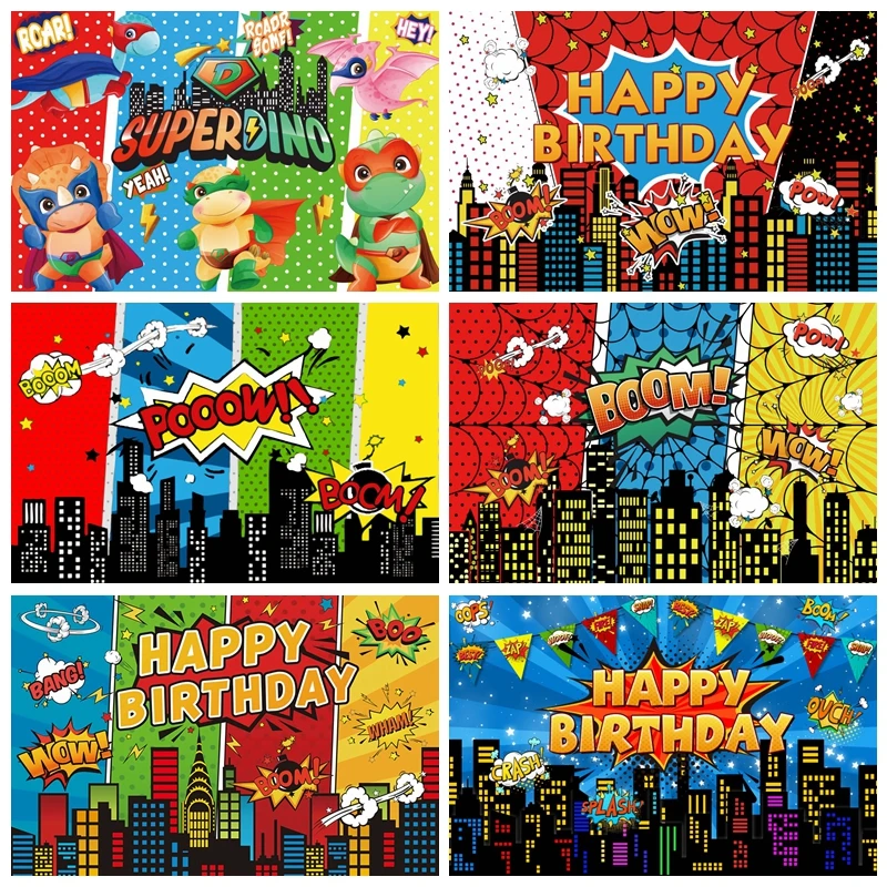 

Superhero Baby Shower Birthday Photography Backdrop City Building Boom Party Decor Background Portrait Photo Photographic Props