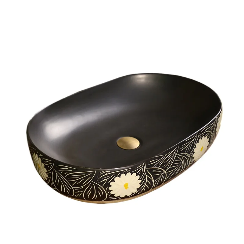 

Art stage oval ceramic black wash basin antique stage basin hotel home